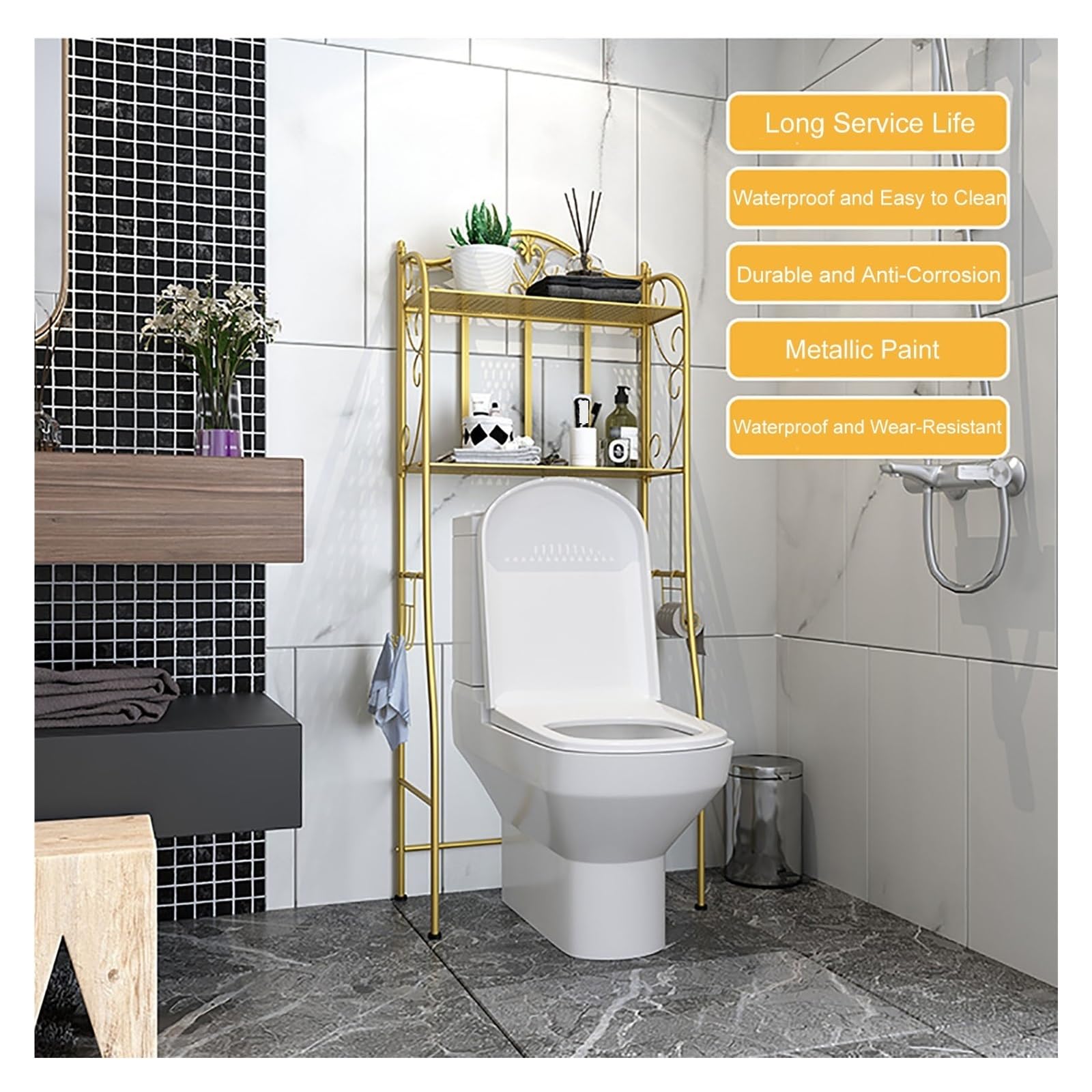 Badezimmer-Organizer über der Toilette, Freistehendes Toilettenschrank mit Haken, Badezimmerregale über dem Toilettenregal, Platzsparend