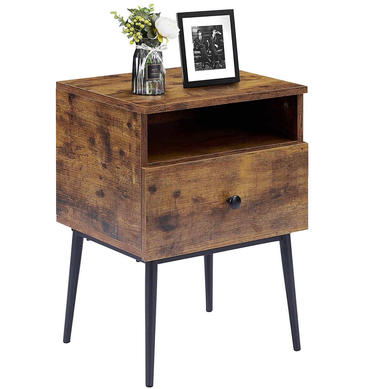 VECELO Modern End Side Tables, 2 Sets Nightstand with 3-Layer Storage Shelf for Small Spaces, Living Room, Bedroom, Farmhouse Easy Assembly, Antique Brown