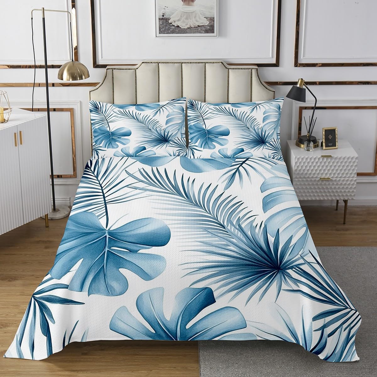 jejeloiu Tropical Leaves Bedspread King Size Leaf Pattern Coverlet Set Boys Girls Botanical Quilted Coverlet Leaf Branches Quilted Nature Theme 3Pcs