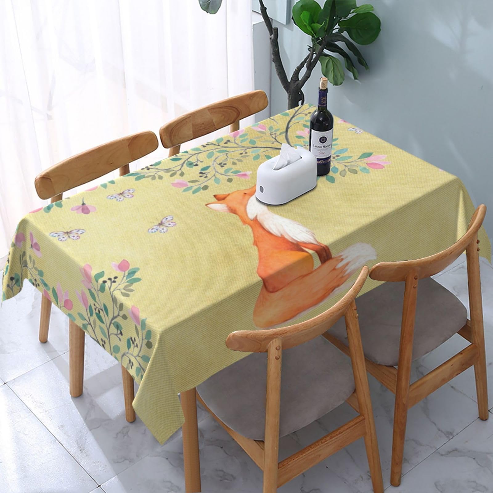 FWJZDSP Tablecloth Rectangle Fox with Butterflies and Pink Flowers Polyester Fabric Table Cloth, Water Resistant & Wrinkle Free Table Cover for Kitchen and Dining Room Tabletop 54"x72" (4-6 Seats)