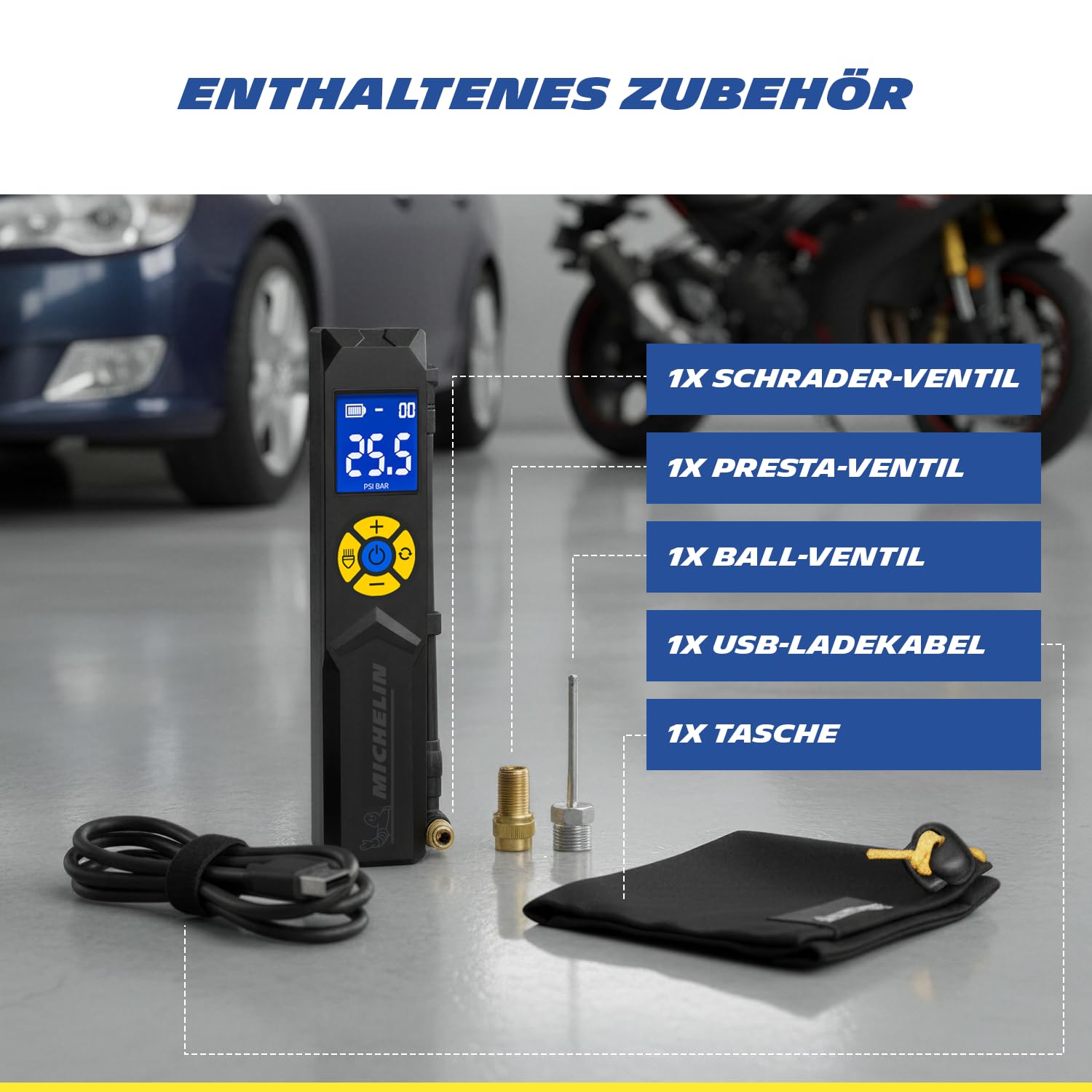 MICHELIN Air Power Mini 1 Li-Ionen Akku Mini-Kompressor kabellos – Elektrische Luftpumpe 9,9 bar mit Digitaldisplay, Auto-Stopp & LED für Auto, Fahrrad, E-Bike & Motorrad | Elektrische Luftpumpe 9,9 bar mit Digitaldisplay, Auto-Stopp & LED für Auto, Fahrr