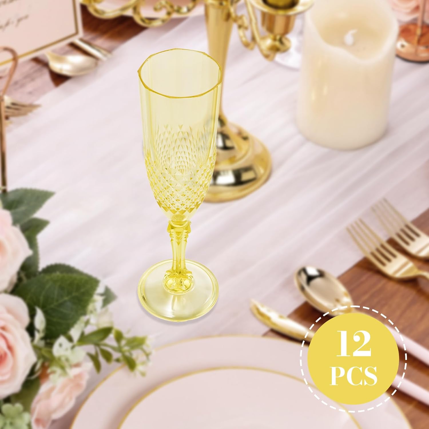 12 Pcs Yellow Plastic Champagne Flutes，Yellow Champagne Glasses Bulk, Made of Durable Plastic Material Can be Used for Weddings, Everyday Fun Parties and More!