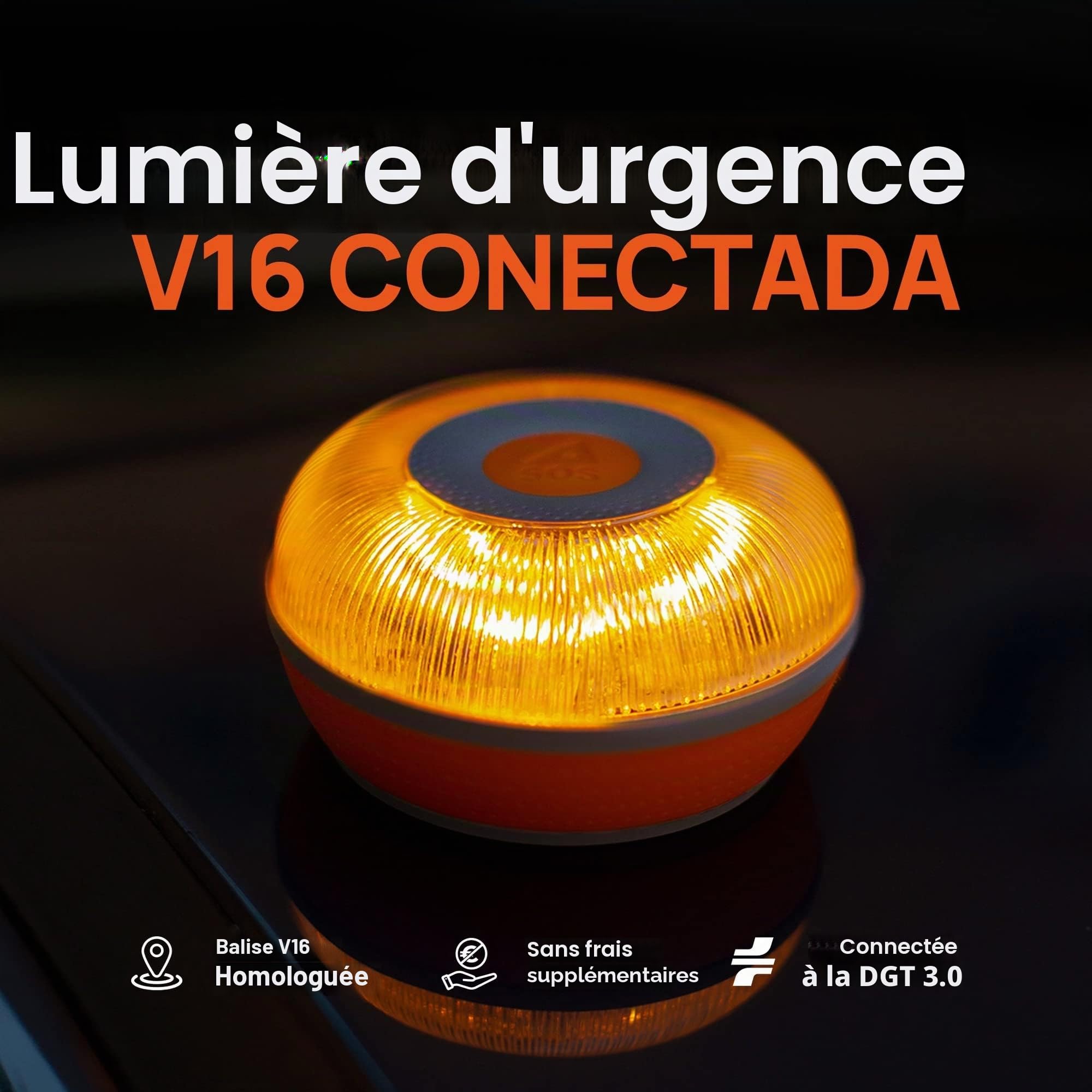 FlashLED SOS Lumière d'urgence V 16 connectée homologuée DGT 3.0 Obligatoire, SIM, Service de données Inclus jusqu'à 2038, Base aimantée, résistance IP54 + Help Flash Smart connectivité Incidence App