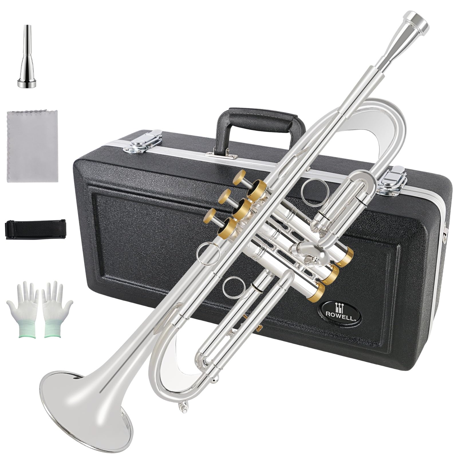 ROWELL Bb-Trompete, professionelle Trompete für Studenten, Blechblasinstrumente, Standard-Trompeten-Set, mit professioneller Trompetenkaste, Reinigungsset, Original 7C-Trompetenmundstück, Tuch und