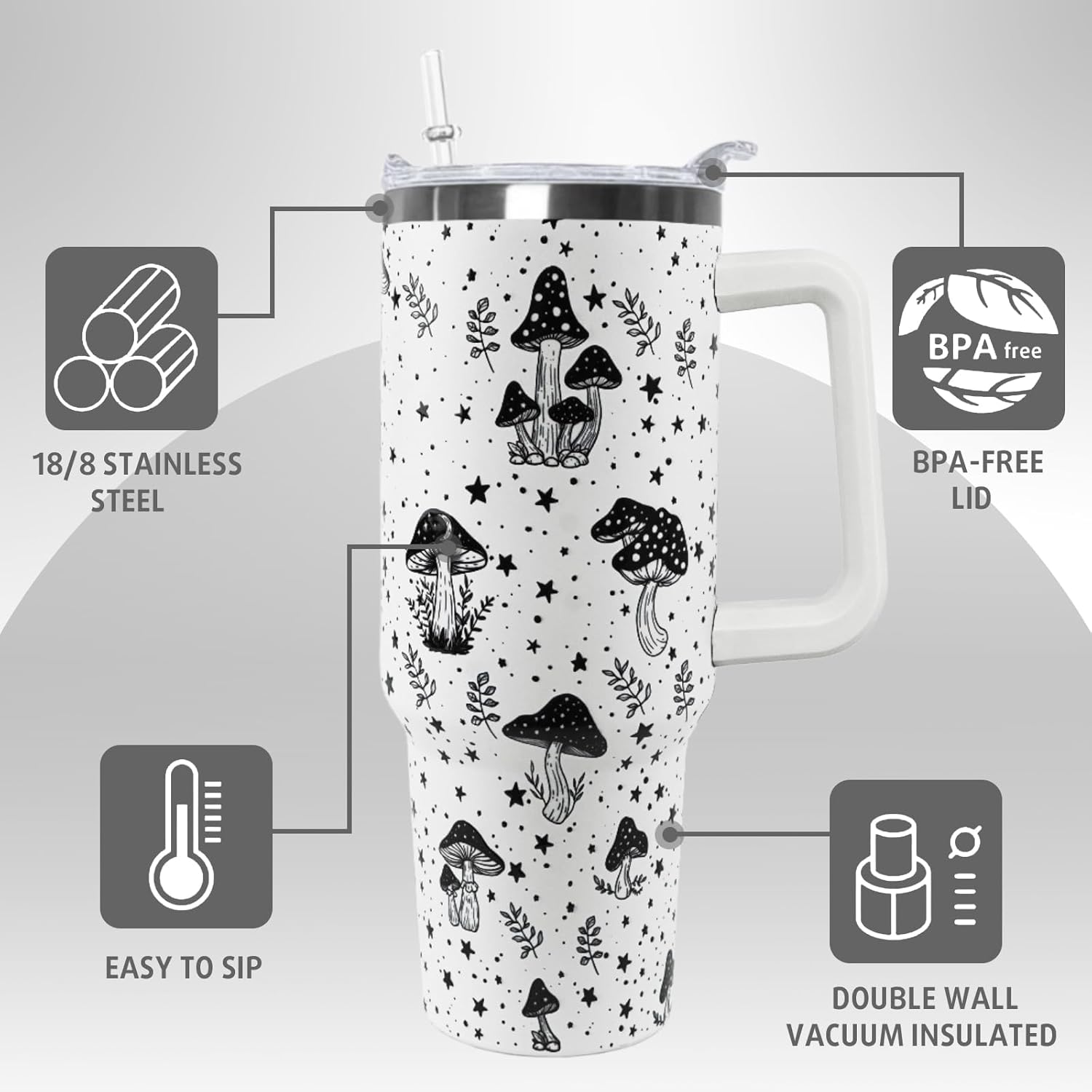 Mushroom Tumbler with Handle and Straw 40 oz Retro Goth Mushroom Cups Coffee Travel Mug Stainless Steel Insulated Water Bottle Gothic Mushrooms Stuff Decor Gifts for Women - Image 4