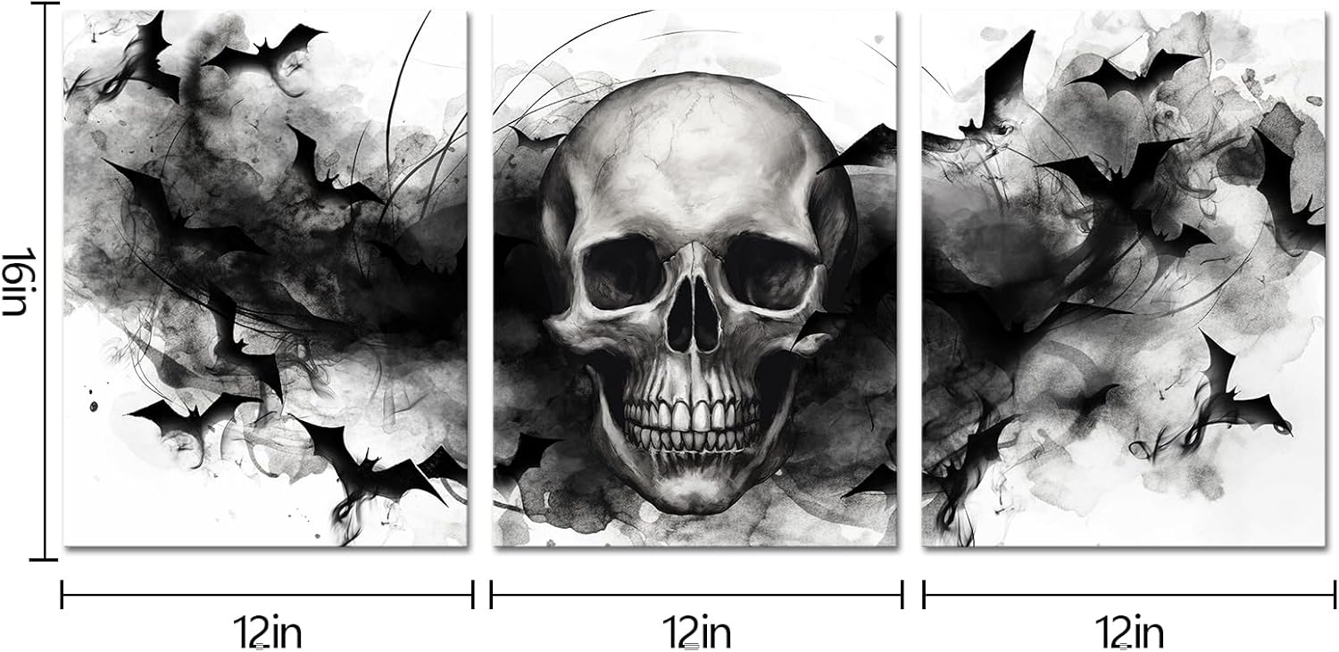 Visual Art Decor Black and White Skull Wall Art Gothic Wall Decor Spooky Gift Halloween Decoration Goth Home Decor Framed 12x16inchx3Pieces