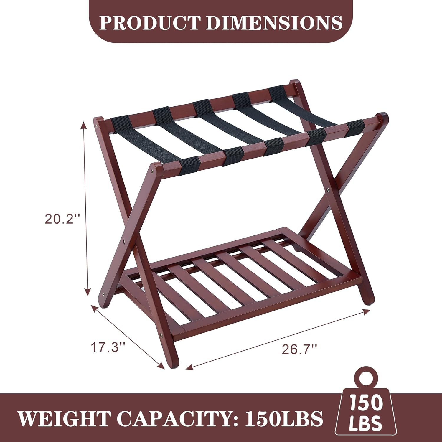 Full Assembled Luggage Rack with 3-Layer Lacquer, Heavy-Duty Up to 150 lbs, Folding Suitcase Stand with Storage Shelf for Home, Guest Room, Bedroom, Hotel