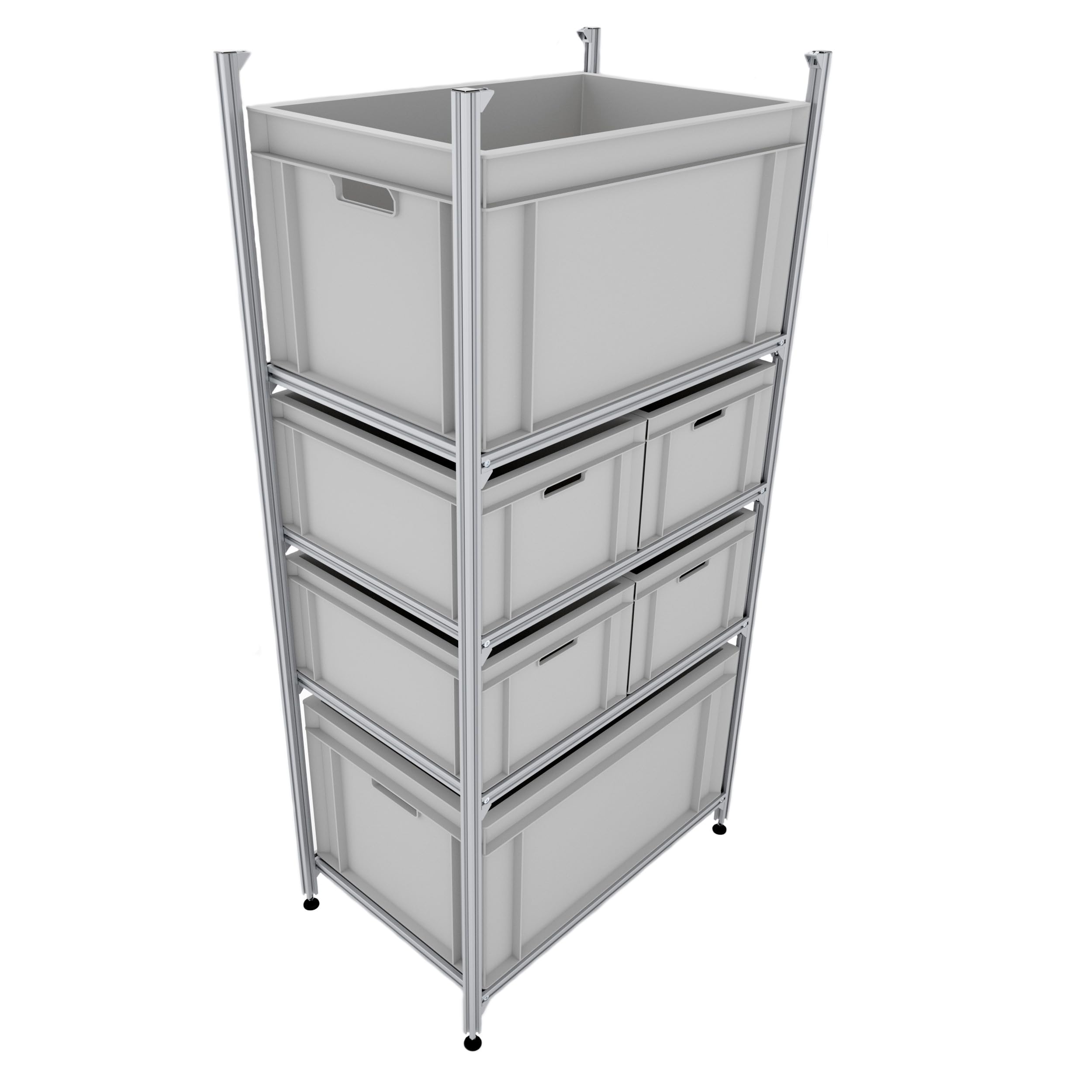 Regalsystem 60x40cm für Wohnmobile, Heckregal für die Heckgarage, Regal für Camper, alle Euroboxen (4 Etagen - Herausnahme der Boxen nach vorne)