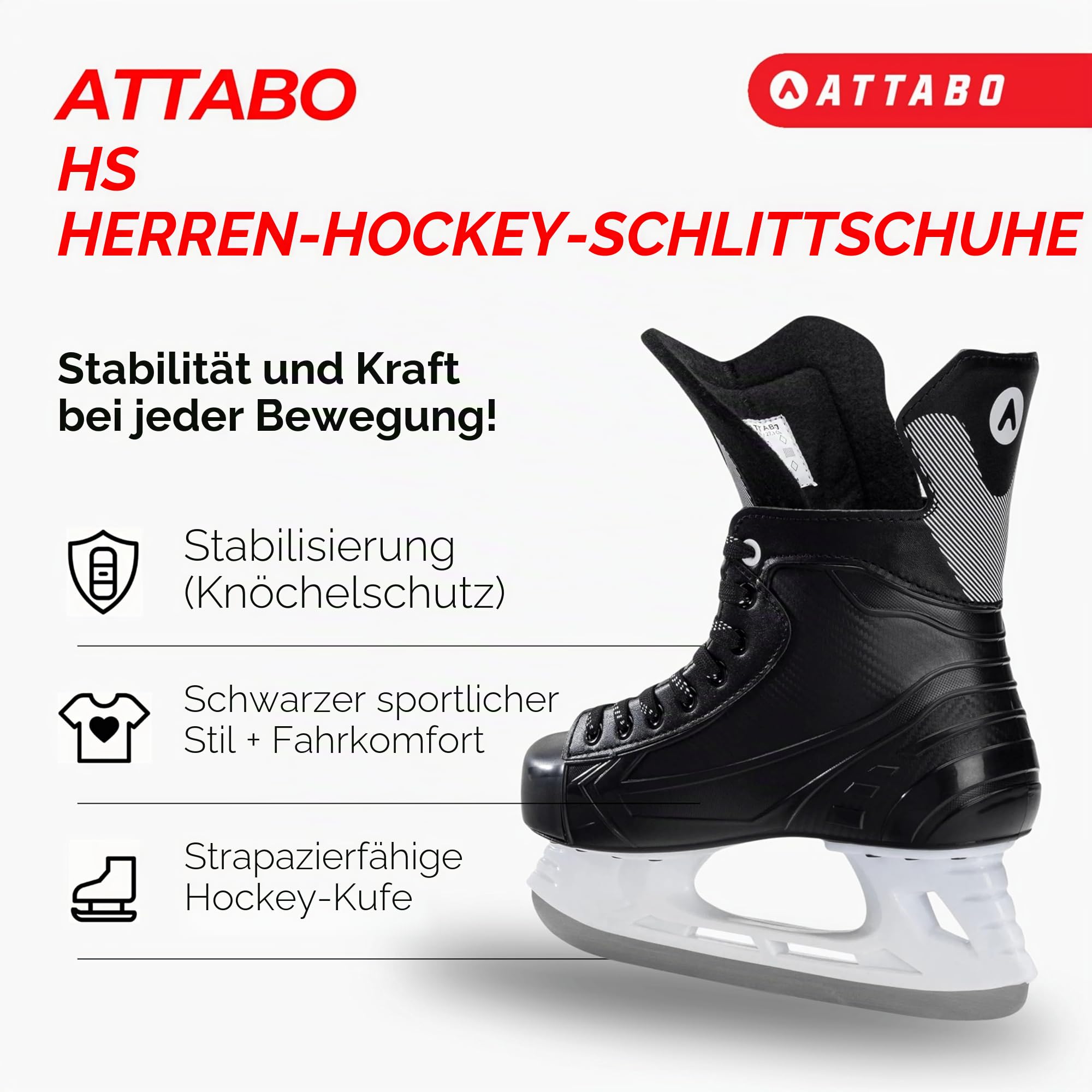 ATTABO Eishockey Schlittschuhe Herren Blade in Schwarz Größe 39 EU Langlebige Edelstahlkufe Stabiler Knöchelschutz Schnürverschluss Komfortabel und langlebig für Fortgeschrittene