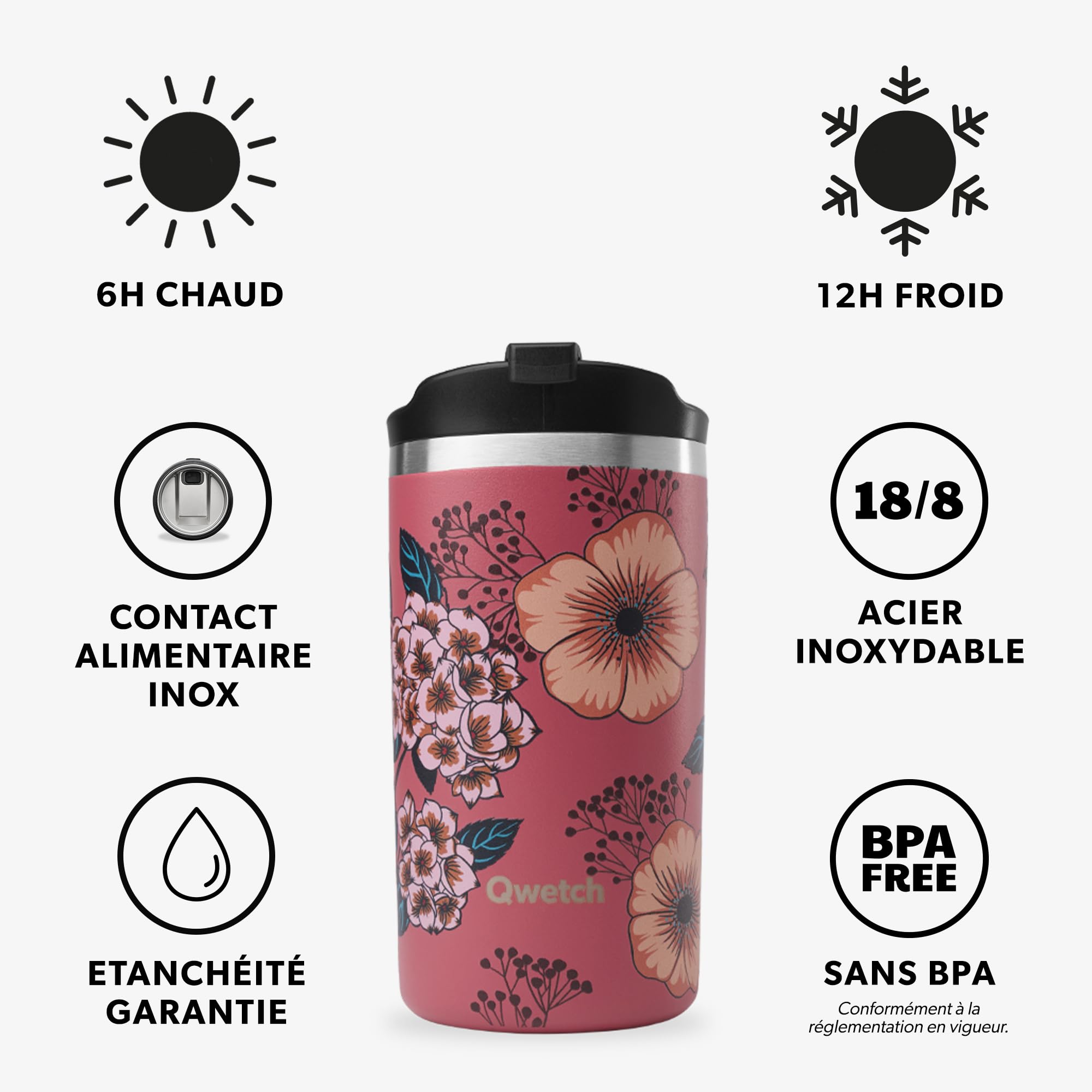 QWETCH - Thermosbeker voor op reis - geborsteld roestvrij staal m240ml - thermoskoffie en thee van roestvrij staal - 6 uur warm en 12 uur koud - waterdicht, reisbeker