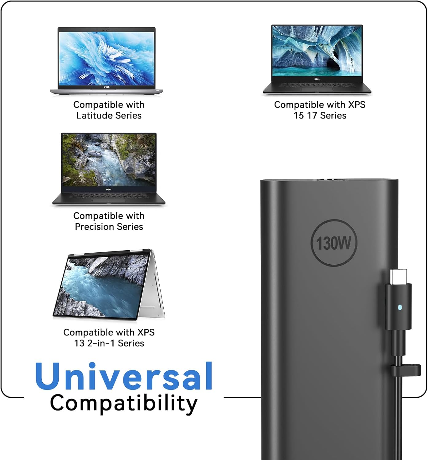 130W Laptop Charger USB C Power Adapter Compatible with Dell XPS 15 2in1 9575,Precision 5530 2in1 5550 5750 3550 3551 Latitude 7410 7310 7210 9410 9510 9575 5420 Laptop Charger Type C