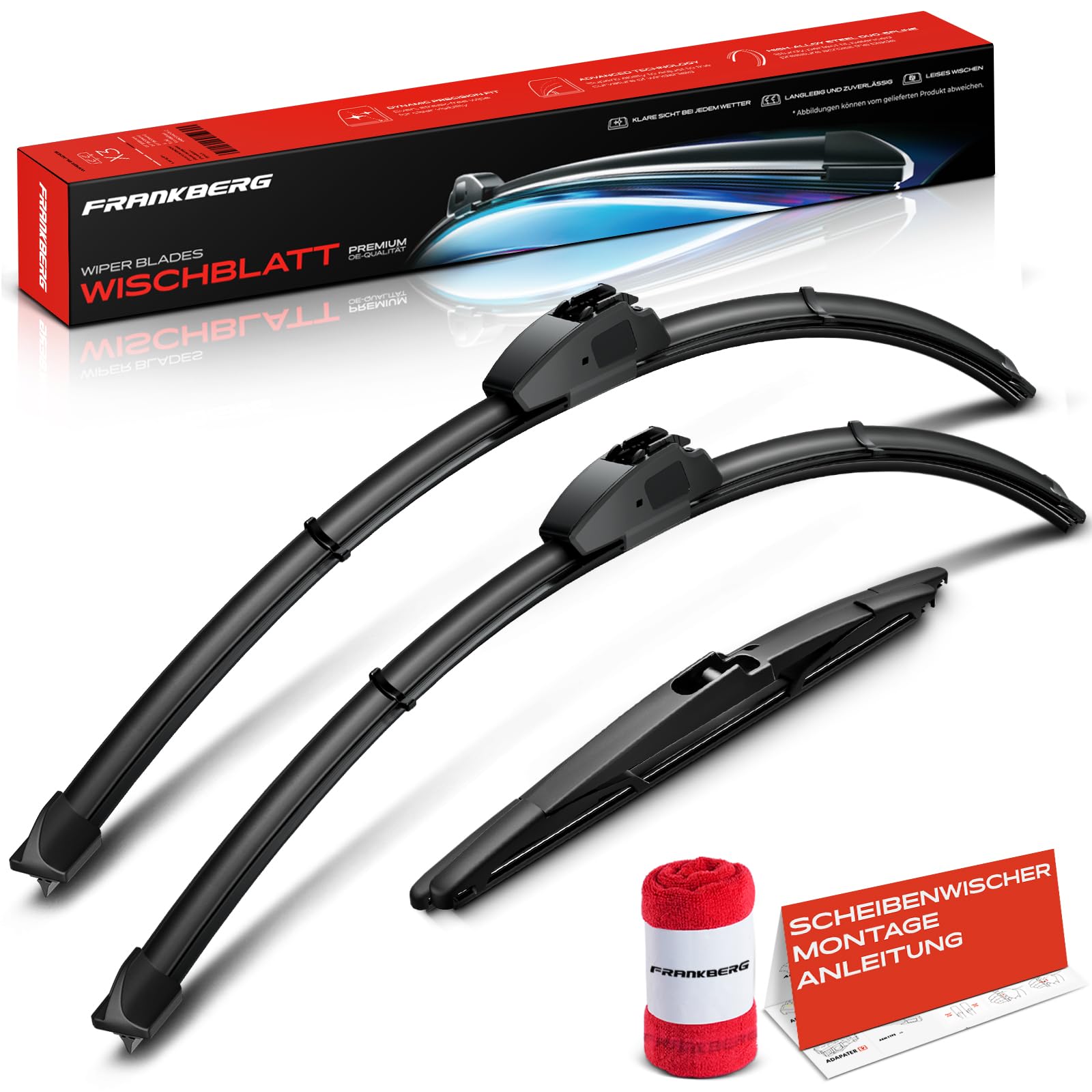 Frankberg 3x Escobillas Limpiaparabrisas 650mm/650mm/275mm,Del./Tras. | Compatible con Carens IV, Carens IV Furgoneta A4; Incluye indicador de desgaste und Paño de limpieza