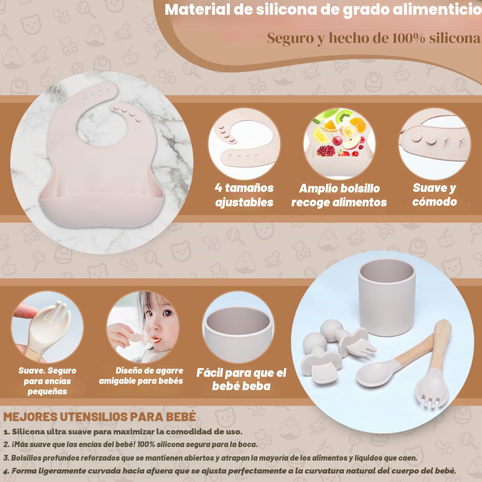 Juego de vajilla de silicona para bebé, 11 piezas: platos, antideslizantes, ventosa, cuenco, babero, cuchara, tenedor, vaso, sin BPA, beige
