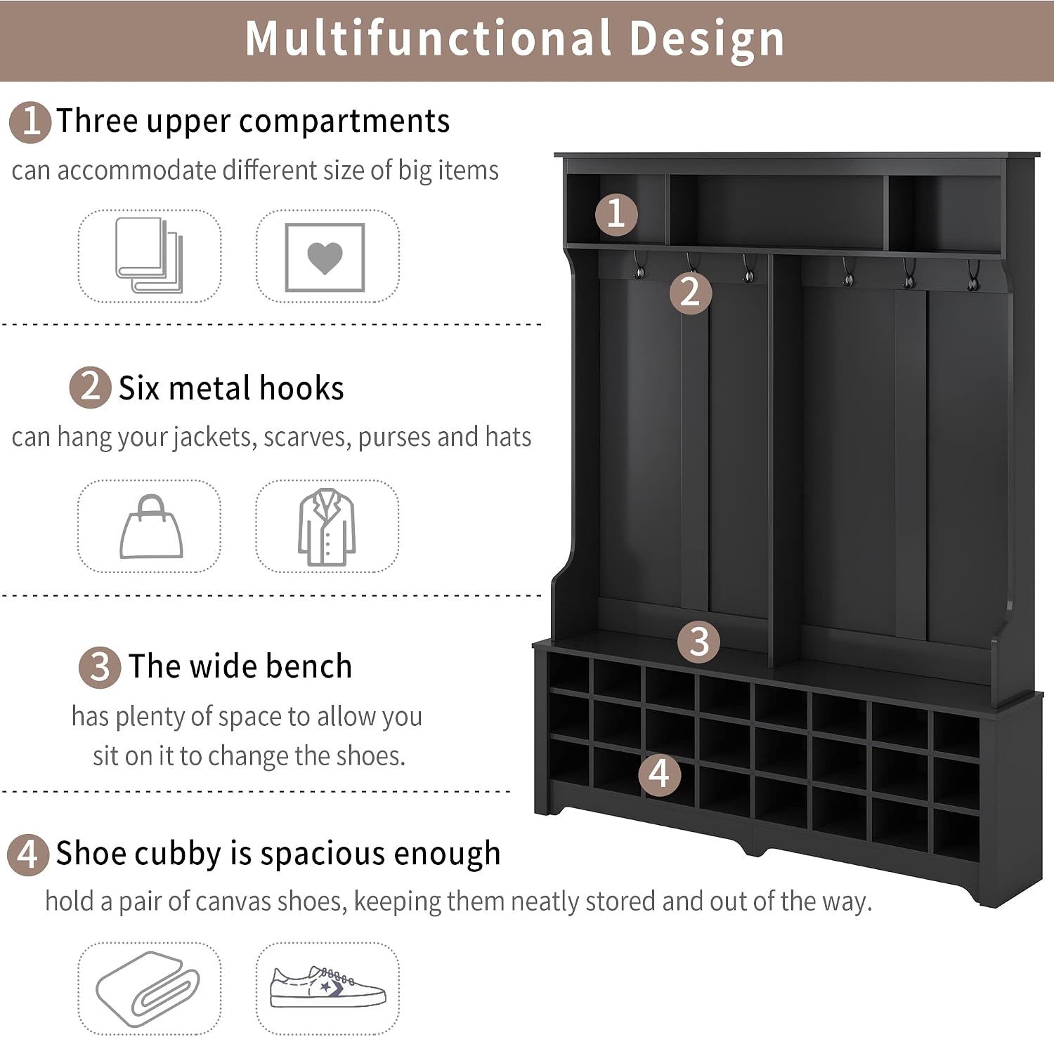 RUNNA Stylish Versatile 60" Wide Coat Rack with Metal Black Hooks and 24 Shoe Cubbies,Hall Tree with 3 Top Shelves and Bench,for Hallway Entryway Mudroom Use (Black@e)
