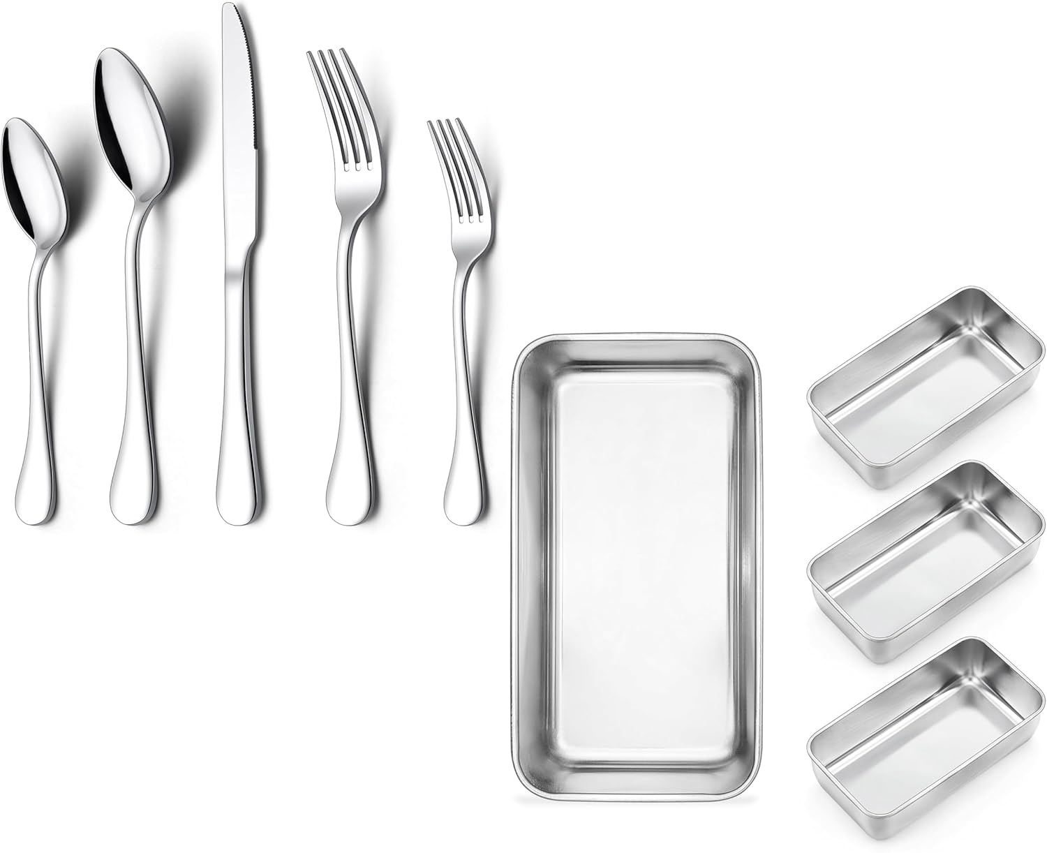 Onader 9 x 5 Inch Bread Loaf Pans Stainless Steel Deep Meatloaf Pan for Baking Set of 4 and 60-Piece 18/10 Silverware Set Stainless Steel Flatware Cutlery Set for 12