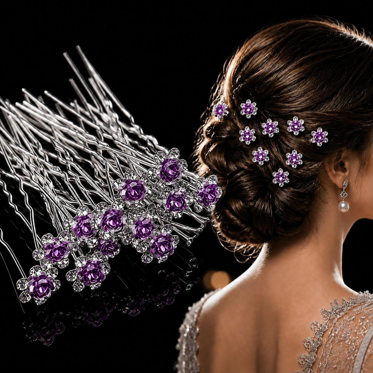 Rhinestone Flower Hair Pins, Alloy U Shaped Hair Fork Accessories for Wedding Updos, Buns and Party Hairstyles
