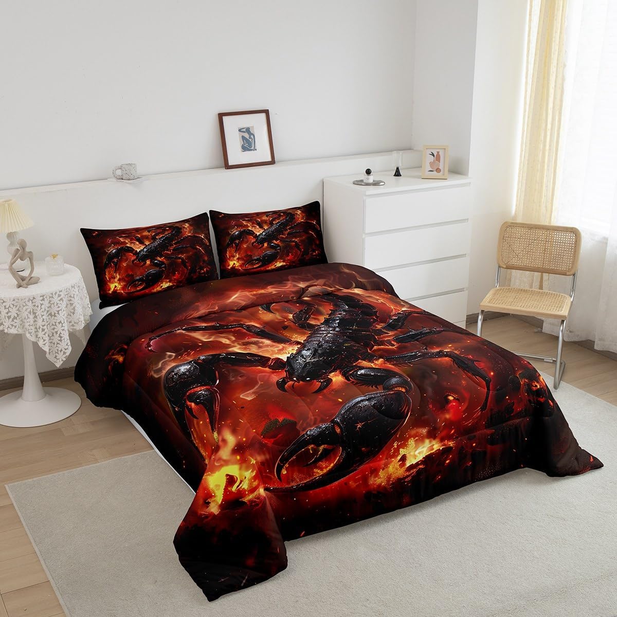 Black Scorpion Comforter Set Full Size,3D Red Burning Flame Bedding Sets 3Pcs for Kids Boys Adult Men Room Decor,Wild Animals Quilt Set Western Magical Duvet Insert,2 Pillowcases - Image 3