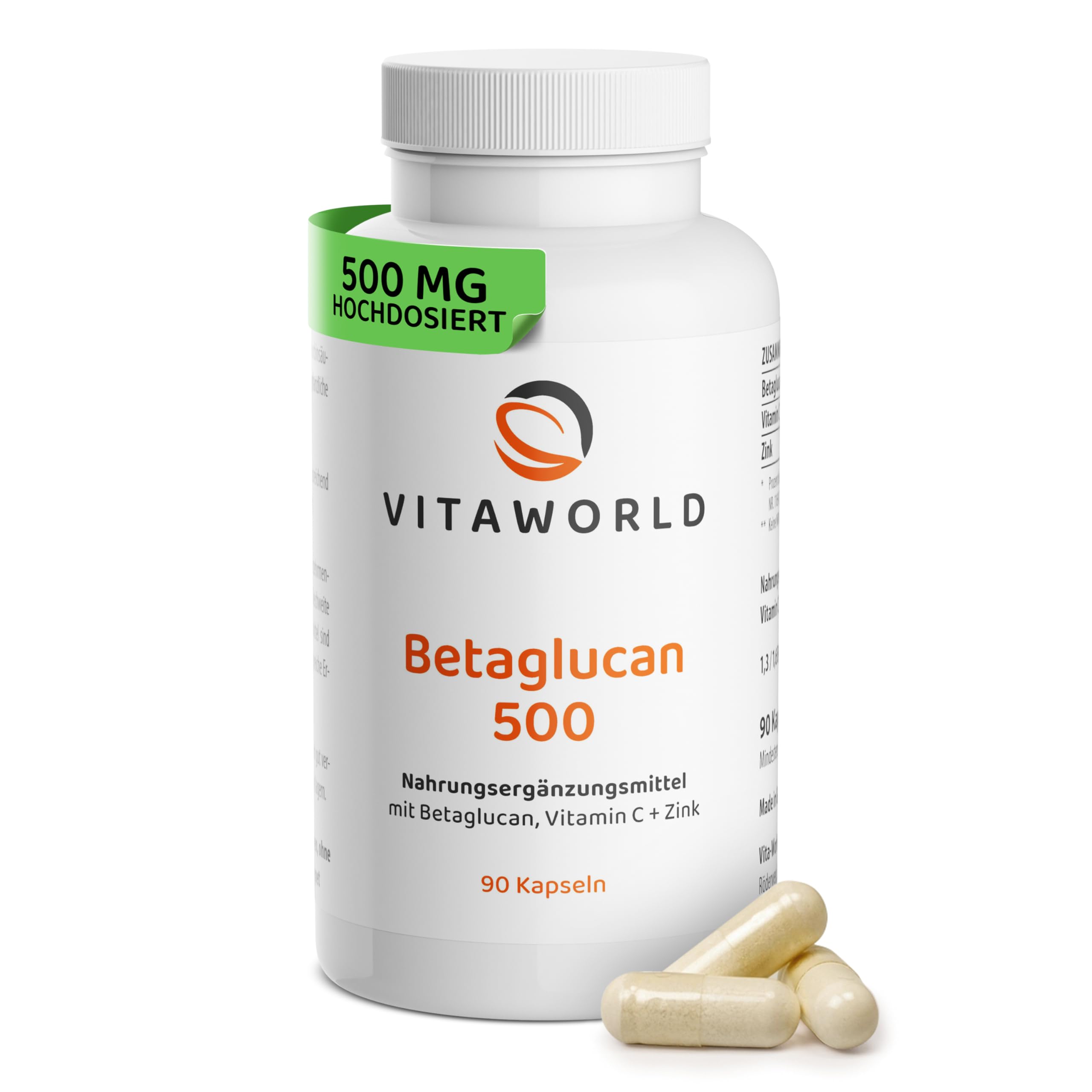 vitaworld Beta Glucan Kapseln Hochdosiert 500 mg pro Tag, vegan, mit Vitamin C + Zink, 90 Kapseln