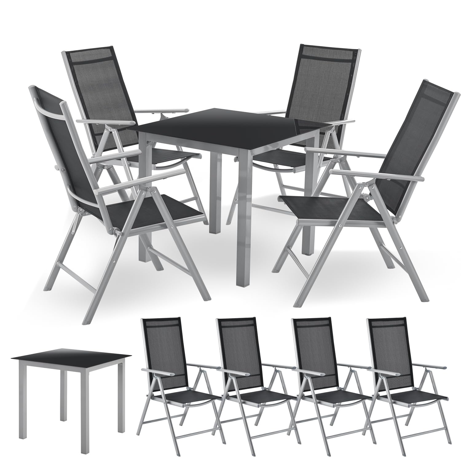 Juskys Gartengarnitur Milano 4+1 — 4 Hochlehner Stühle verstellbar & klappbar mit Tisch — Gartenmöbel Set 5-teilig wetterfest — Silber