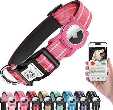 Reflective Dog Collar with AirTag Holder, Waterproof Dog Collar with QR Code, Heavy Duty Adjustable Pet Collar for Small Medium Large Dogs, Rose