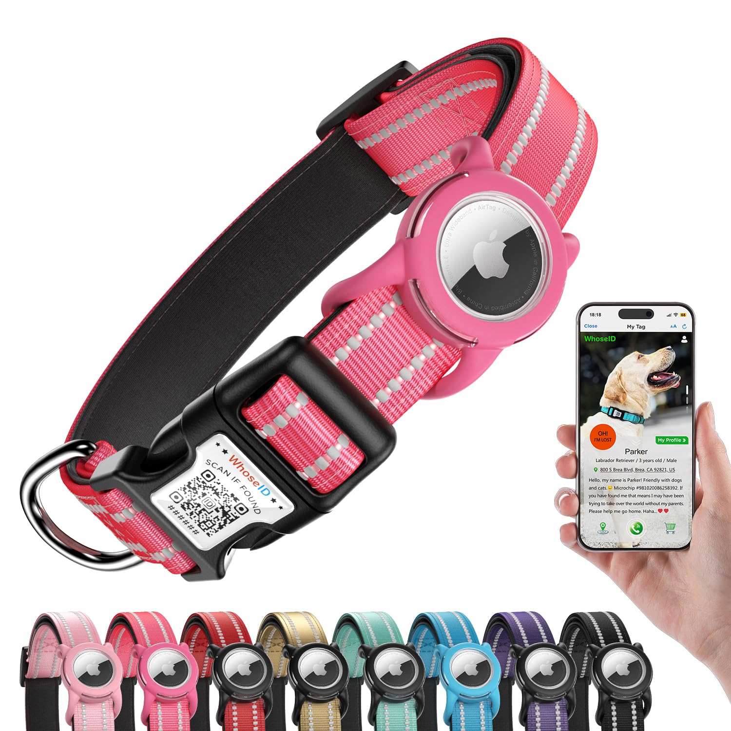 Airtag Dog Collar with QR Code, Reflective Dog Collar with Airtag Holder, Soft Padded & Safety Locking Buckle Adjustable Pet Collar for Medium Dogs
