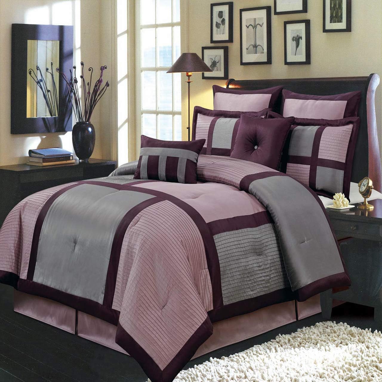 Deluxe Tradition Morgan 8 Pieces Luxury California King Comforter Set Featuring Floral Embroidered Design in Purple, Lilac & Gray Bed in A Bag Includes Comforter, Skirt, Throw Pillows, Pillow Shams