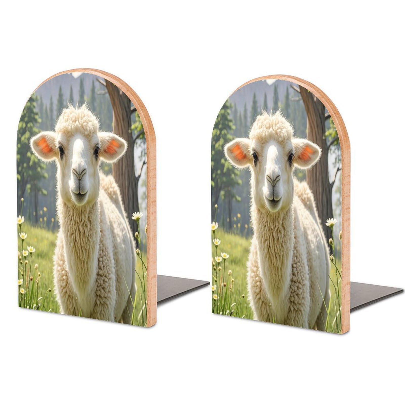 Llama Alpaca Bookend Non-Skid Wooden Bookends for Shelves Heavy Duty Wood Book Ends Decorative Book Stopper Book Stand Non-Slip Book Organizer for Home Office Library