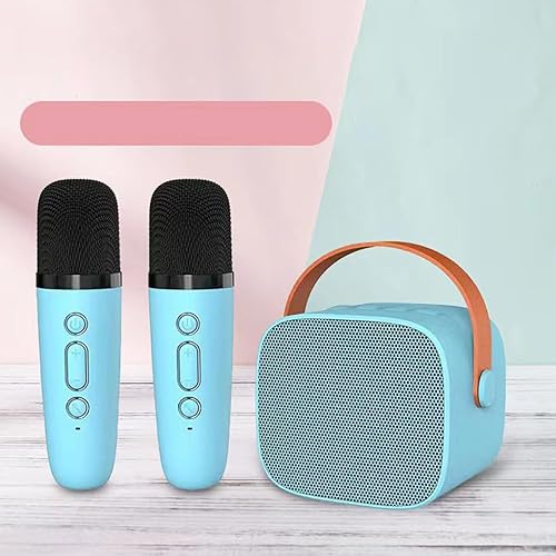 Miniatura 4 de Máquina de karaoke portátil Bluetooth con dos micrófonos inalámbricos para niños y adultos, ajuste de graves y luces de corte vocal y luces de