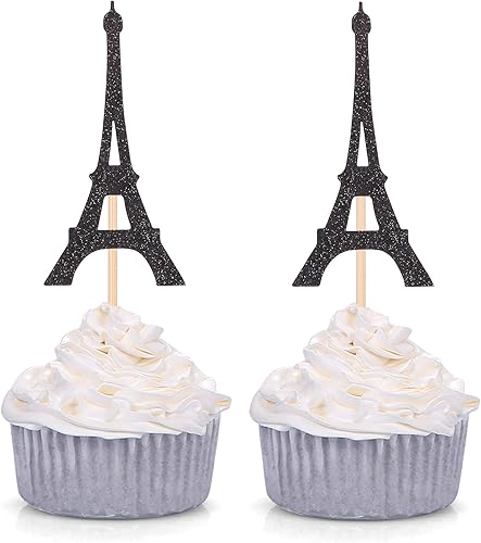 Decoración para cupcakes temáticos de París, con forma de torre Eiffel, para fiestas, bodas, despedidas de soltera, 24 puntos, color negro