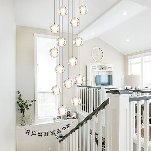 Miniatura 9 de Moderno candelabro de cristal con 14 luces de techo alto con forma de gota de lluvia, lámpara LED de burbujas grandes, montaje empotrado, vestíbulo,