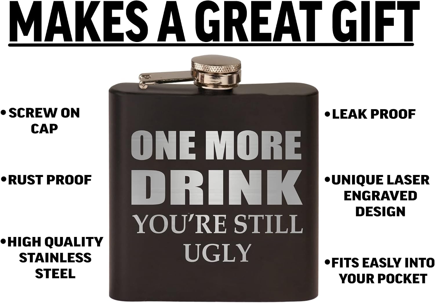 Rogue River Tactical Funny One More Drink Stainless Steel Hip Flask Premium Matte Black Makes a Great Gift For Him Dad Father Gag Joke Gift