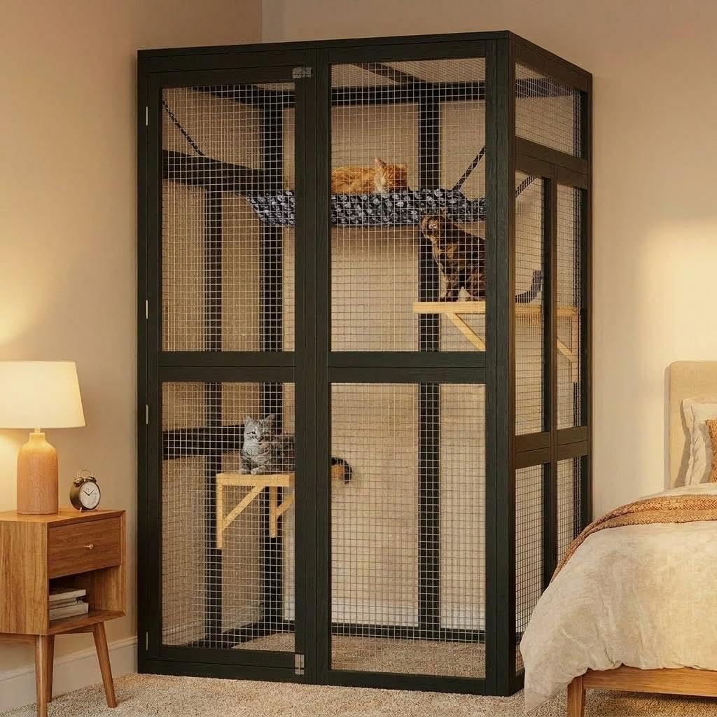 GarveeHome 64 Inch Large Wooden Catio Outdoor Cat Enclosure Window Cat House with Wheels 3 Platforms Weatherproof Roof Kitty Cage for Multiple Cats