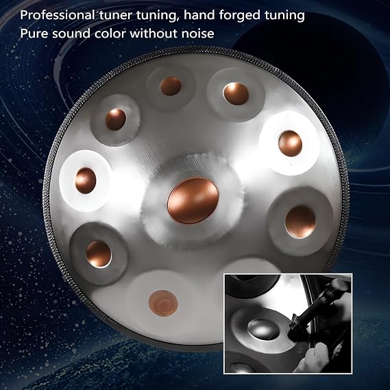 432Hz Handpan Instrument - 9/10/12 Note Steel Tongue Drum - 55cm Hand Pan Drum with Beater Stand for Sound Healing,Professional Steel Handpan Percussion Instrument(Gold,9Notes)