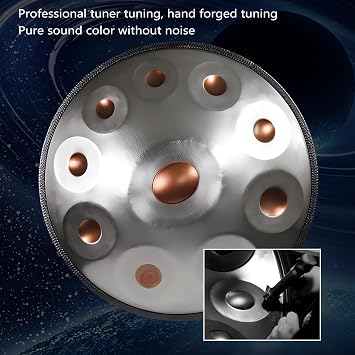 432Hz Handpan Instrument - 9/10/12 Note Steel Tongue Drum - 55cm Hand Pan Drum with Beater Stand for Sound Healing,Professional Steel Handpan Percussion Instrument(Gold,9Notes)