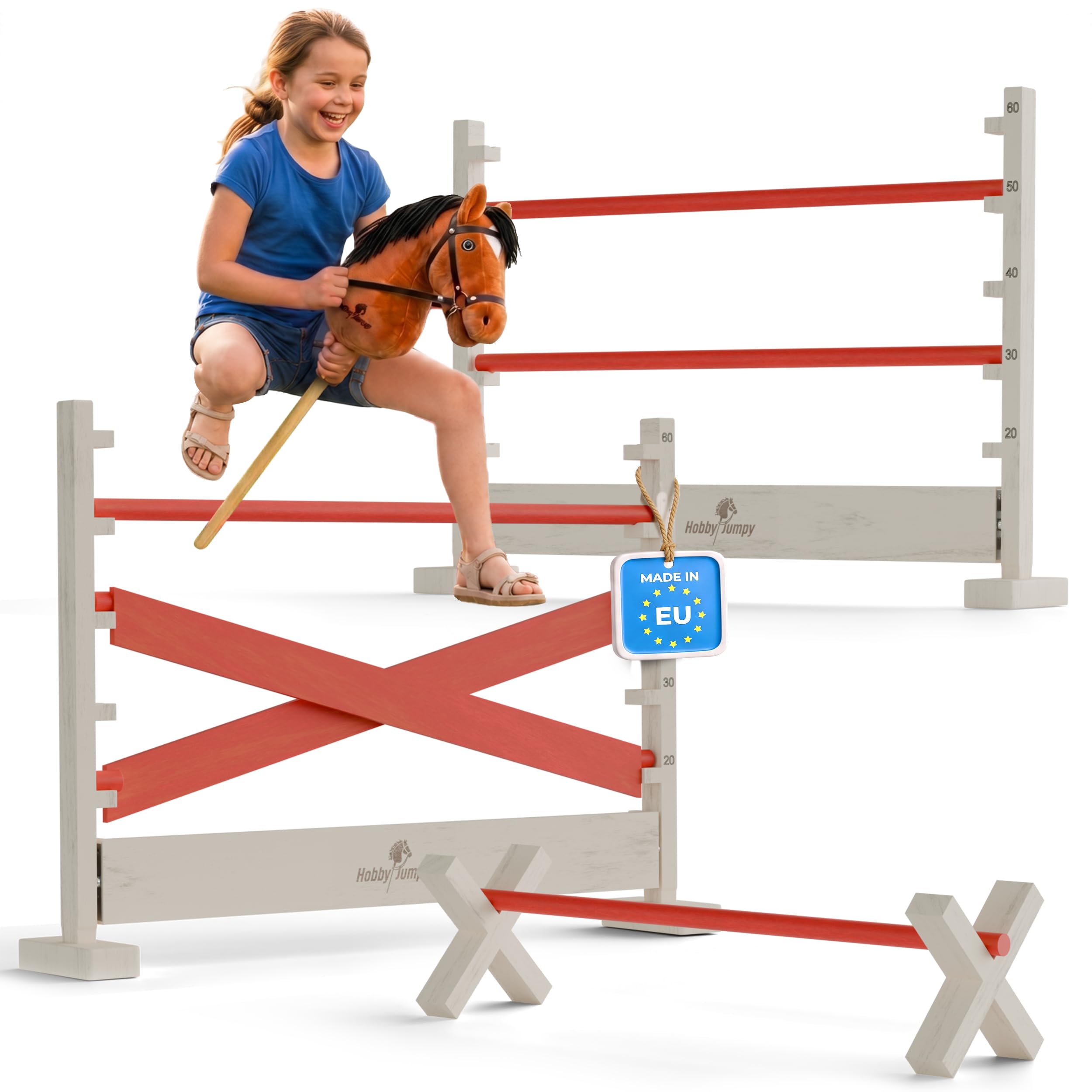 Hobby Horse Hindernisse Set höhenverstellbar – Magnet-Stecksystem massives Holz/Hobby Horsing/Hürden & Cavaletti für Kinder 3er-Set farbig