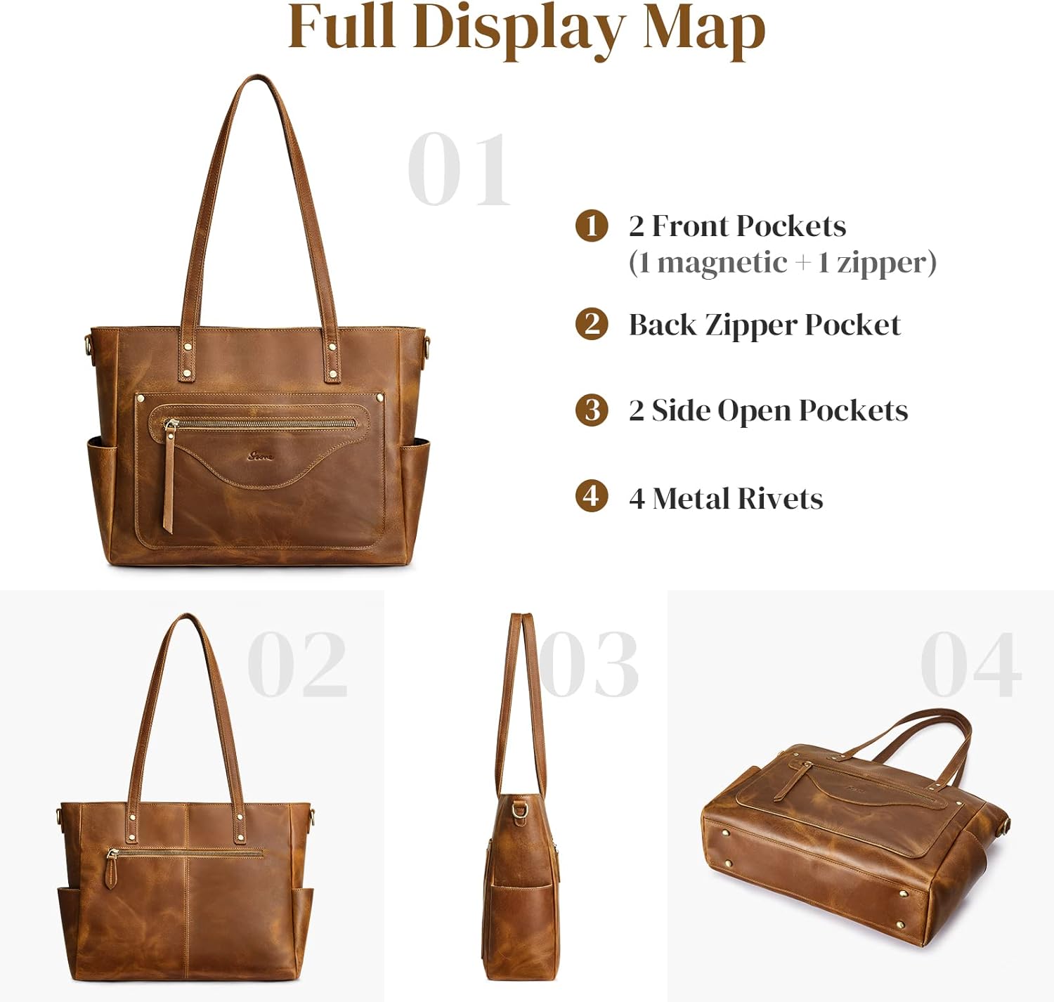 S-ZONE Women Genuine Leather Tote Bag Large Shoulder Purse Vintage Crossbody Work Handbag - Image 7