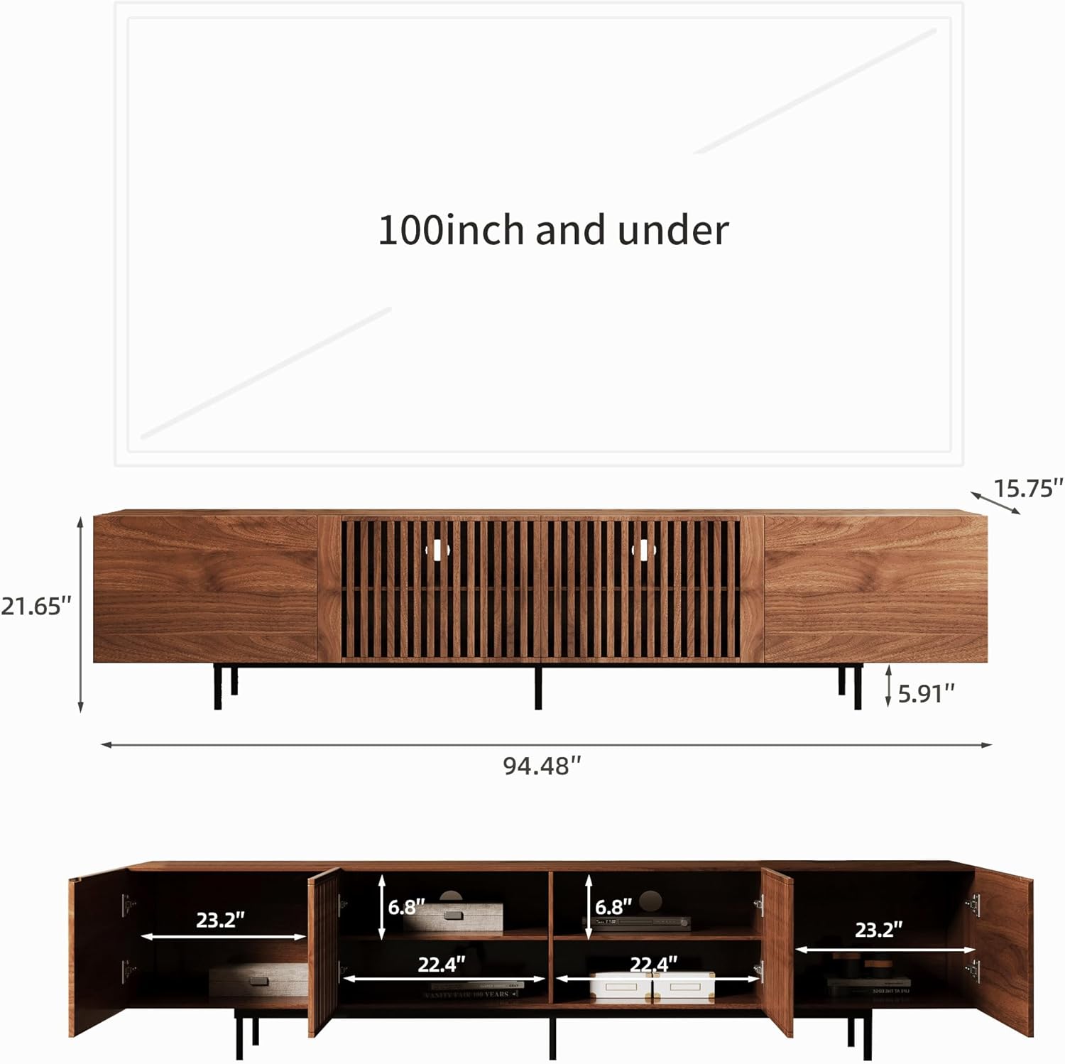 94.48" Mid-Century Modern Walnut TV Stand, Large Storage Media Console, Suitable for Living Room and Bedroom Use