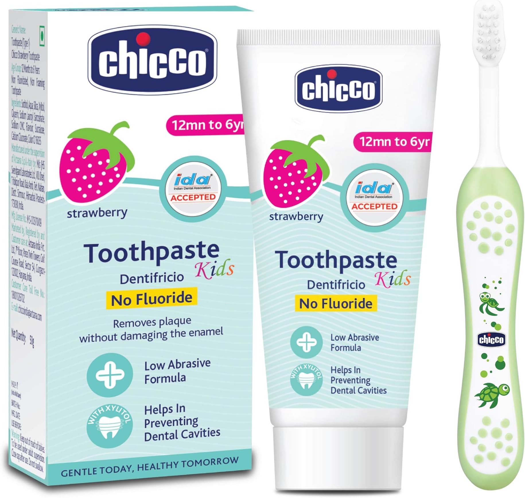 Chicco Toothpaste Strawberry + Chicco Brush Green 6-36M