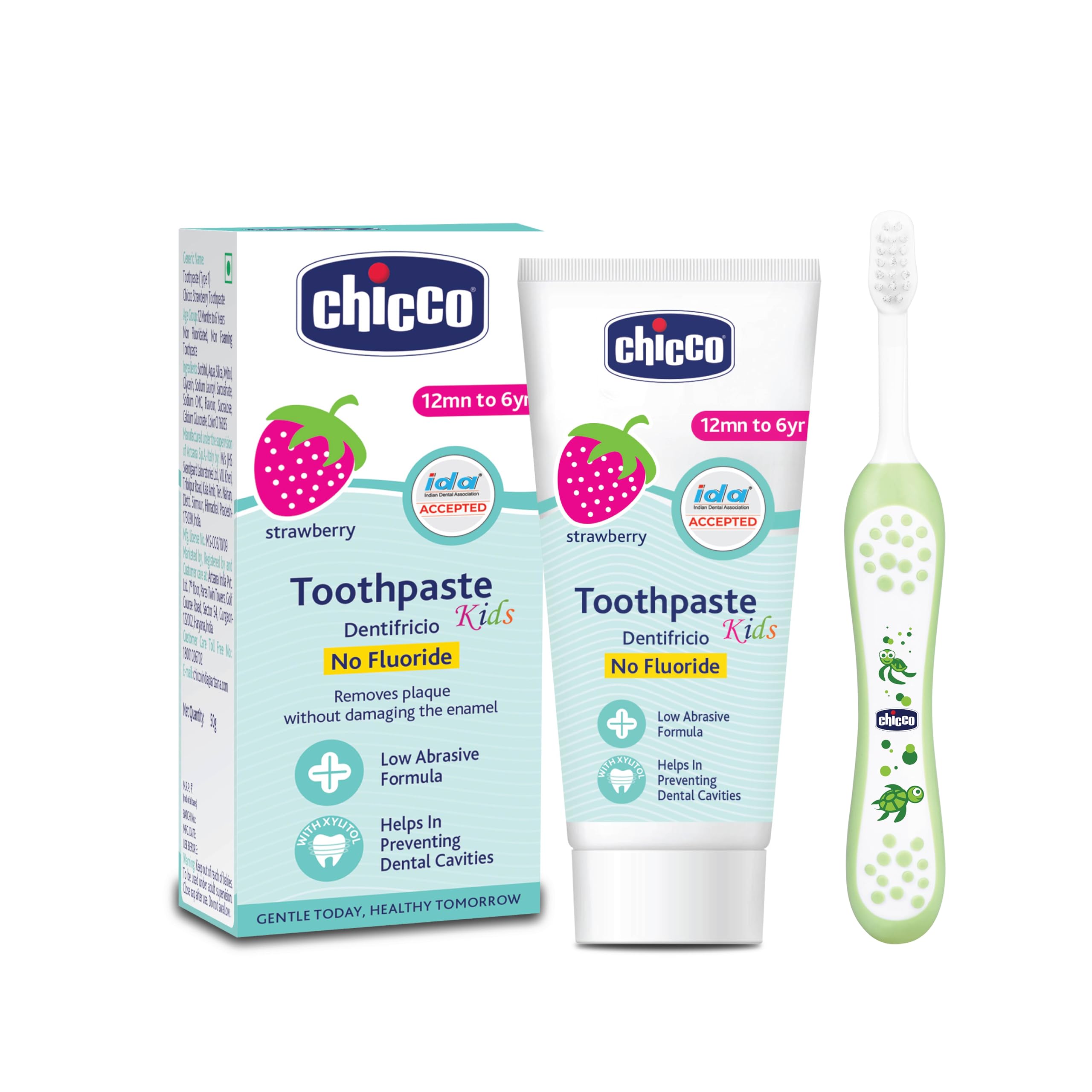 Chicco Toothpaste Strawberry + Brush Green 6-36M, Enamel Protection