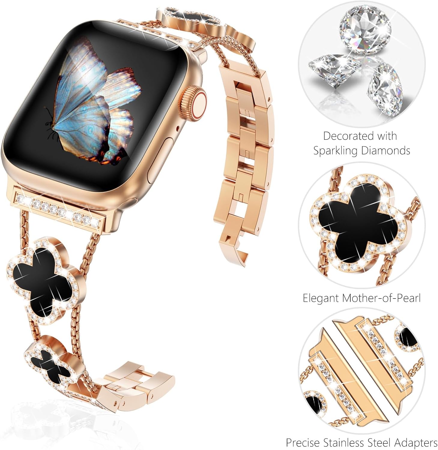 WINGLE Bling Band for Apple Watch Bands Women Series 11 10 SE 3/2/1 40mm 41mm 38mm 42mm 44mm 45mm 46mm Series 9 8 7 6 5 4 3 2 1, Sparkle Diamond Bracelet Cute Lucky 4 Leaf Clover Dressy iWatch Band - Image 3