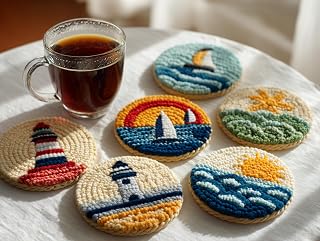 6PCS Punch Needle Coaster Kit Seaside Lighthouse Sailboat Sunset Easy for Beginners Stress Relief Craft Set with Hoop Yarn & Patterns DIY Embroidery Mug Rug Kit for Adults Home Decor-5-3