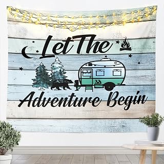 Erosebridal Camper Tapestries Happy Camping Tapestry Pine Tree Bear Silhouette Wall Tapestry 51x59 Hand Drawing Style Wall Art Decor Retro Farmhouse Decor,Wall Hanging Preppy Wall Decor