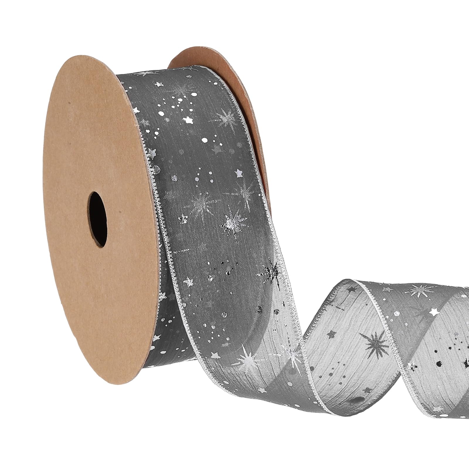 PATIKIL Organza Star Ribbon Wired, 1.6 Inch Wide 20 Yards Christmas Tree Print Sheer Glitter Ribbon for Gift Wrapping Garland Bouquet Ornaments Party Decorations, Grey