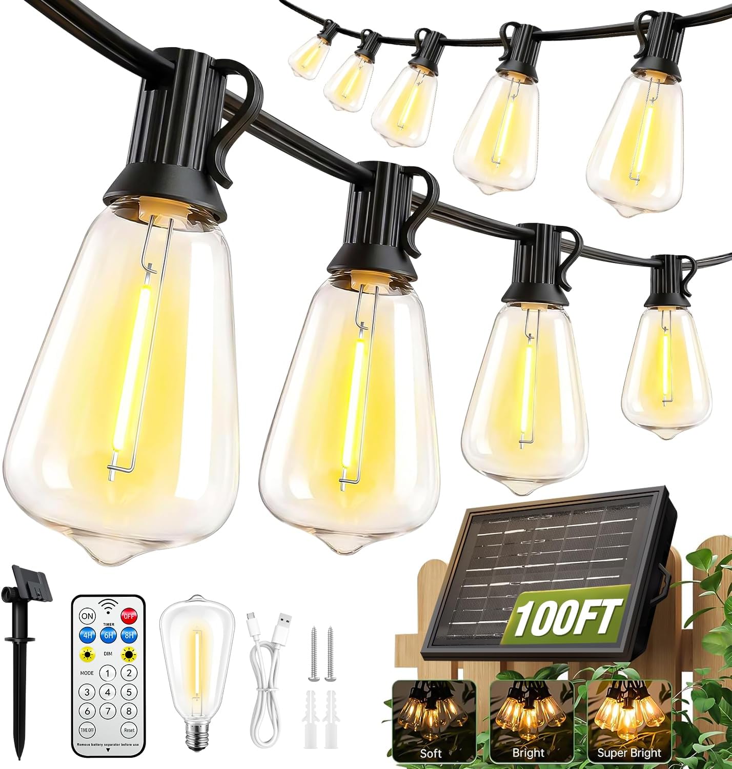 100FT Solar String Lights Outdoor Waterproof with Remote & Timer, LED Shatterproof ST38 Bulbs, USB & Solar Powered Patio