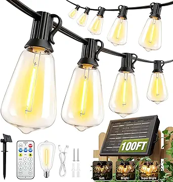 100FT Solar String Lights Outdoor Waterproof with Remote & Timer, LED Shatterproof ST38 Bulbs, USB & Solar Powered Patio Lights for Backyard, Porch, Garden, Wedding Decor, Dusk to Dawn Lighting
