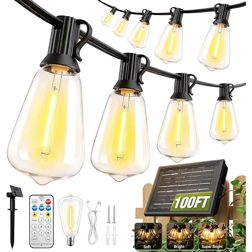 100FT Solar String Lights Outdoor Waterproof with Remote & Timer, LED Shatterproof ST38 Bulbs, USB & Solar Powered Patio Lights for Backyard, Porch, Garden, Wedding Decor, Dusk to Dawn Lighting