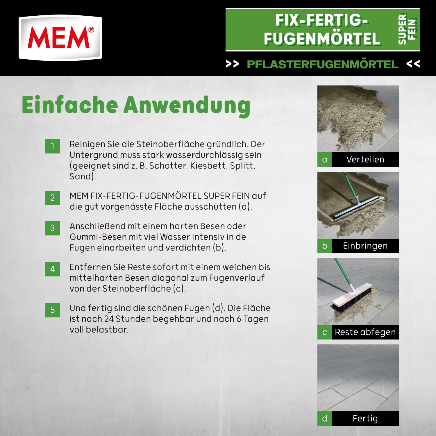 MEM Fix-Fertig-Fugenmörtel Fein Steingrau – 20 kg – Gebrauchsfertiger Pflasterfugenmörtel für Enge Fugen ab 3 mm – Frost- & Wetterbeständig – Für Naturstein, Beton, Klinker & Keramik