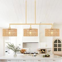 47" Hand Woven Gold Rattan Chandeliers for Dining Room, 3-light Boho Linear Chandeliers Large Farmhouse Kitchen Island Lighting, Black Finish Pendant Light Fixtures Over Table, Bar, Living Room,E26