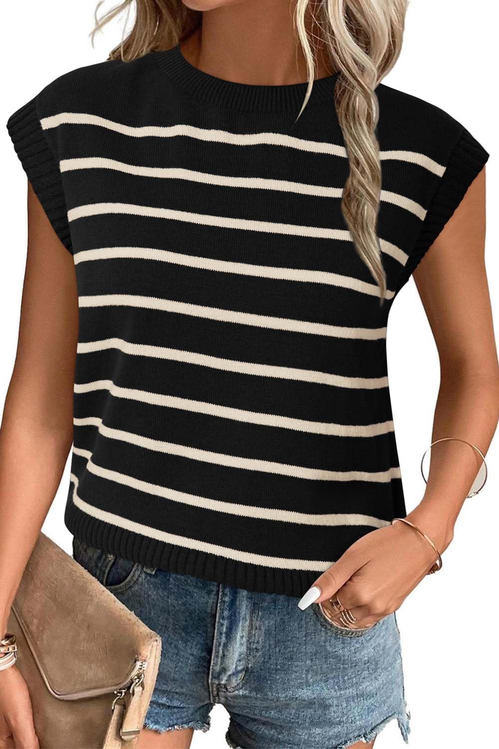 Arach&Cloz Womens Spring Summer 2024 Sweater Vest Cap Sleeve Crew Neck Striped Fashion Casual Sleeveless Tops Clothes