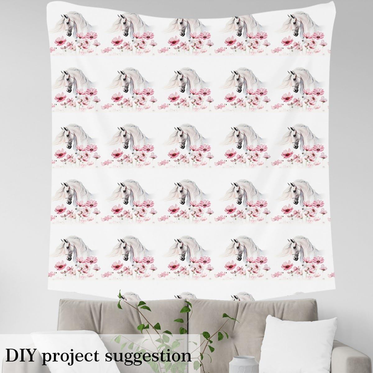 White Horse Fabric by The Yard Watercolor Pink Poppy Wild Animal Fabric for Sewing Lovers Botanical Garden Flowers Rustic Style Fabric for Room Decor and DIY Upholstery 10 Yards,360" L x 59" W